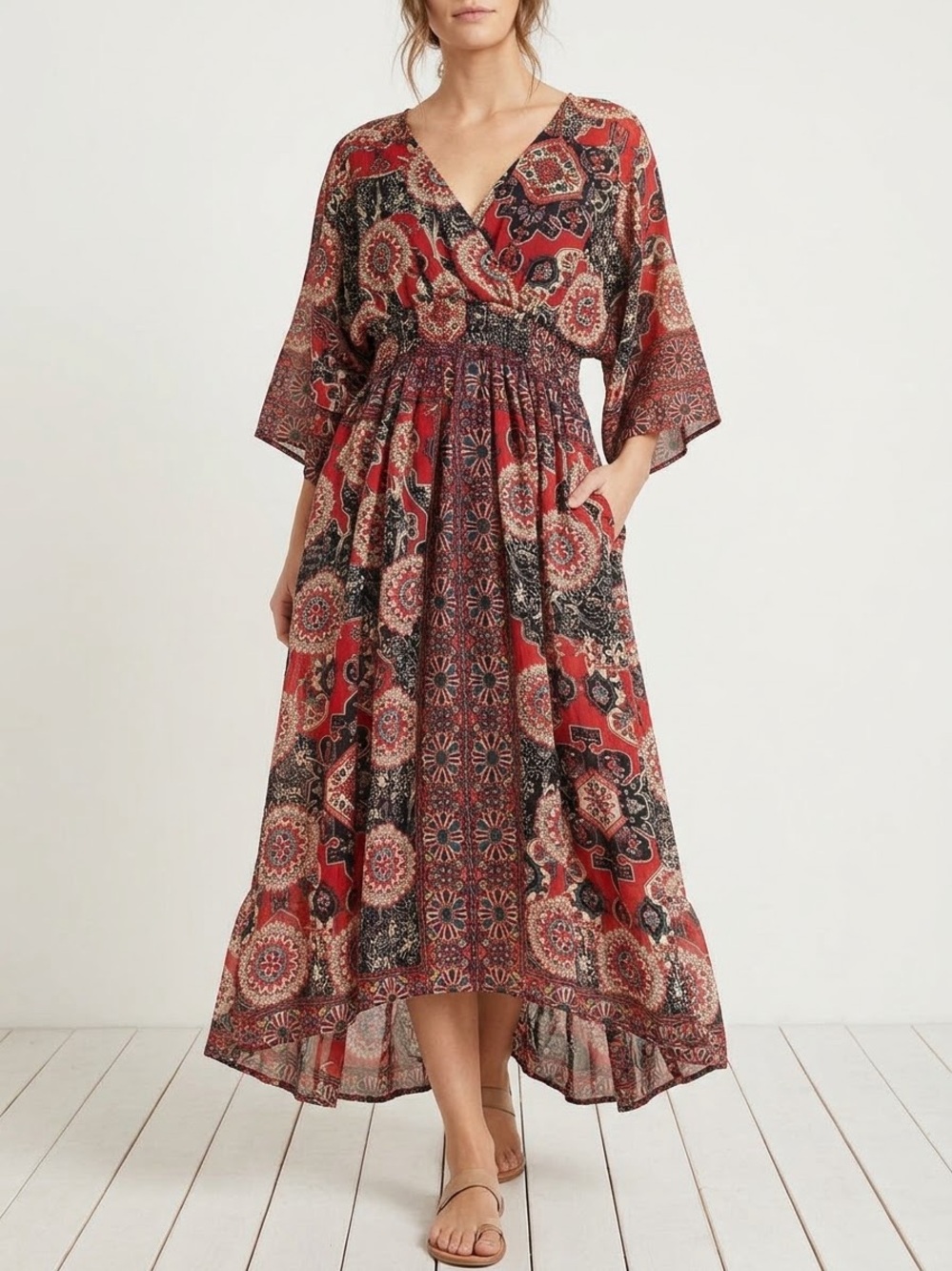 The Pyramid Collection Boho Mandala Print Kimono Sleeve Surplice Midi Dress